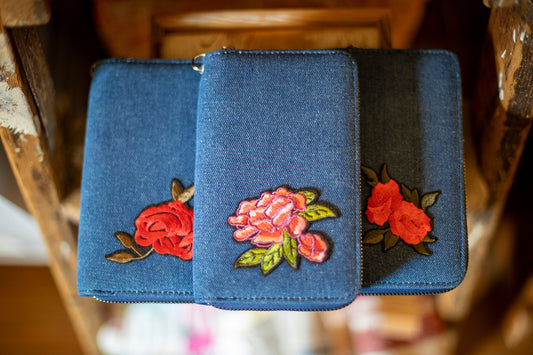 Denim Zipper Wallet with Rose