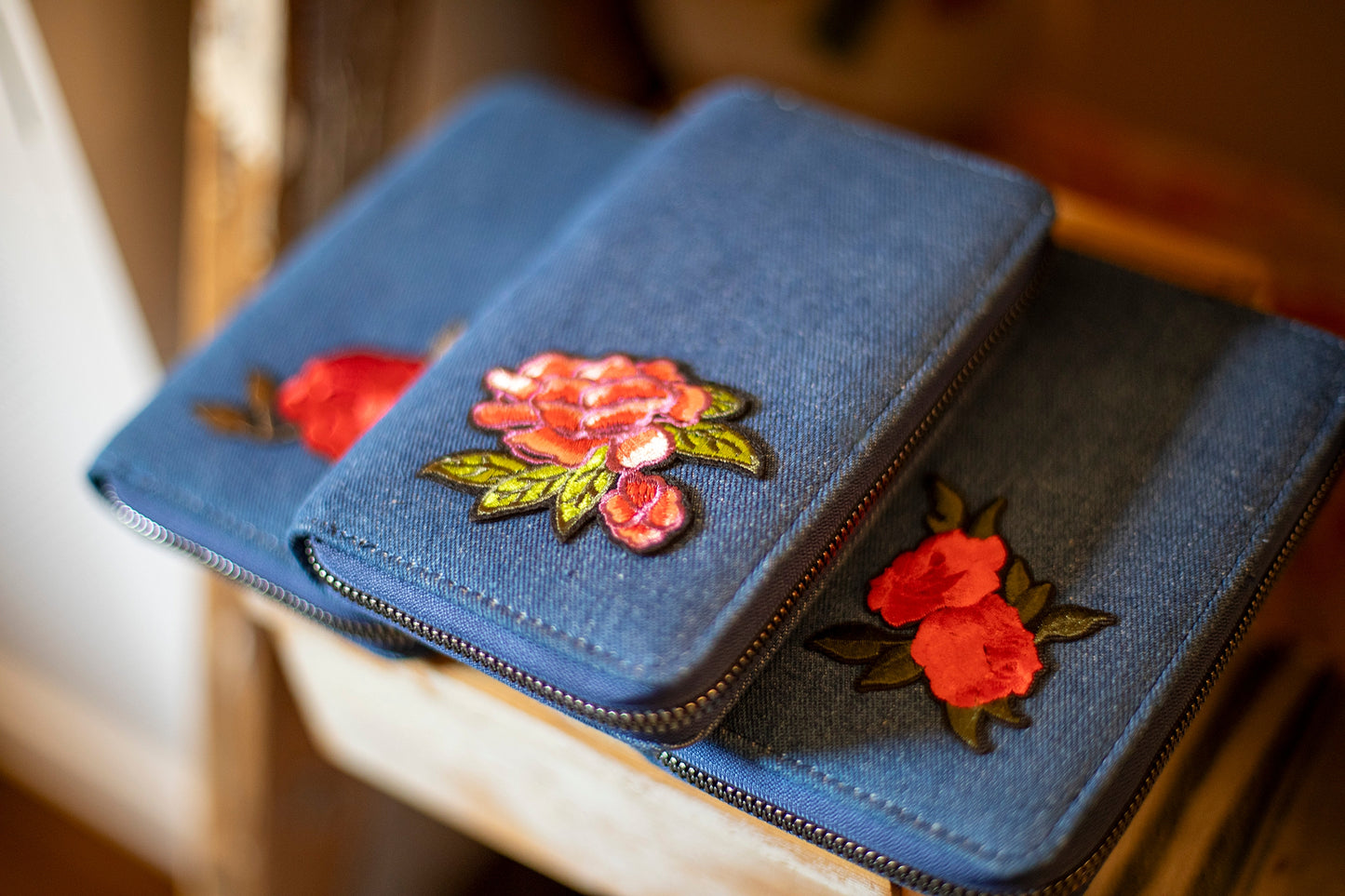 Denim Zipper Wallet with Rose