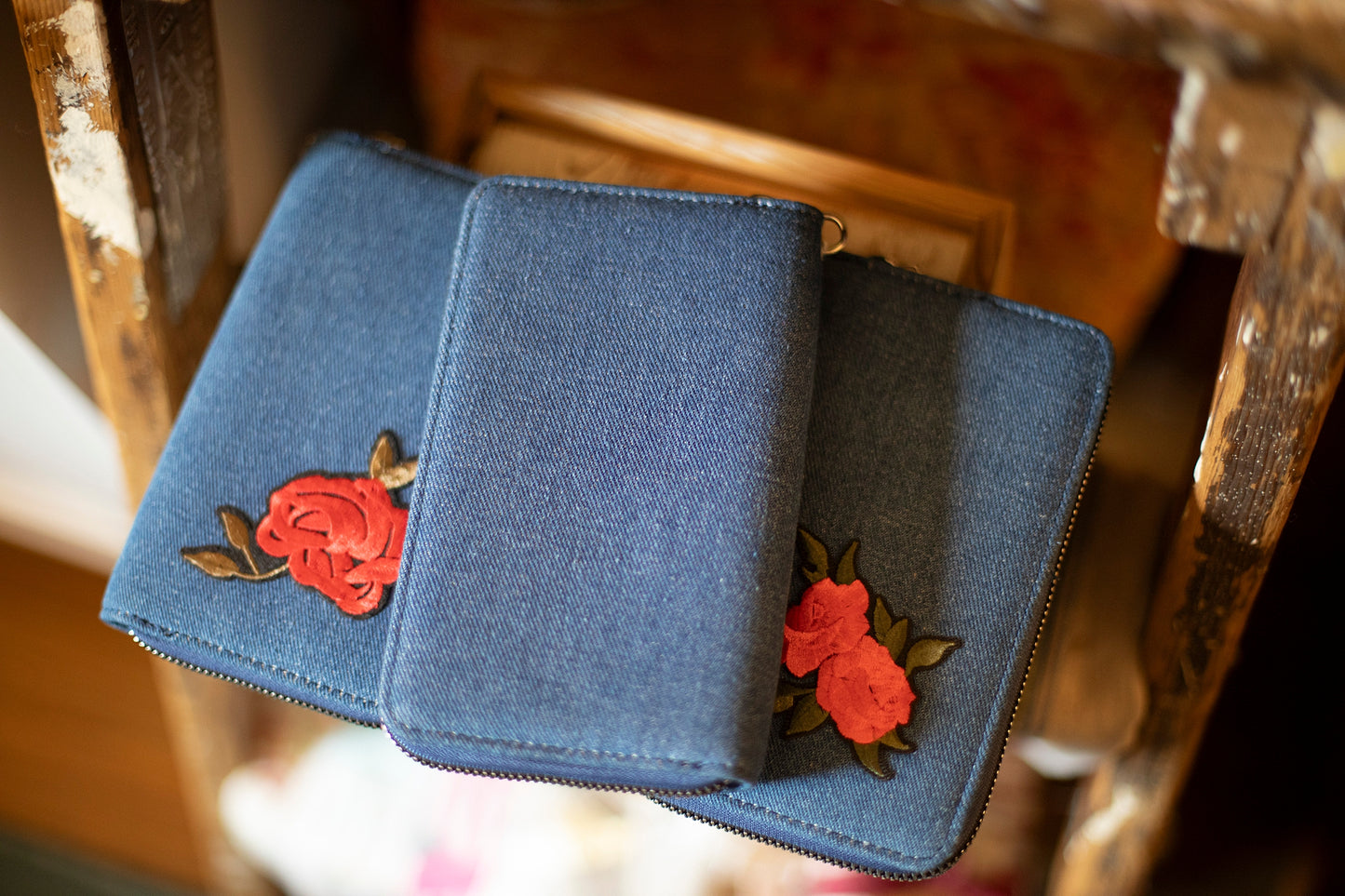 Denim Zipper Wallet with Rose