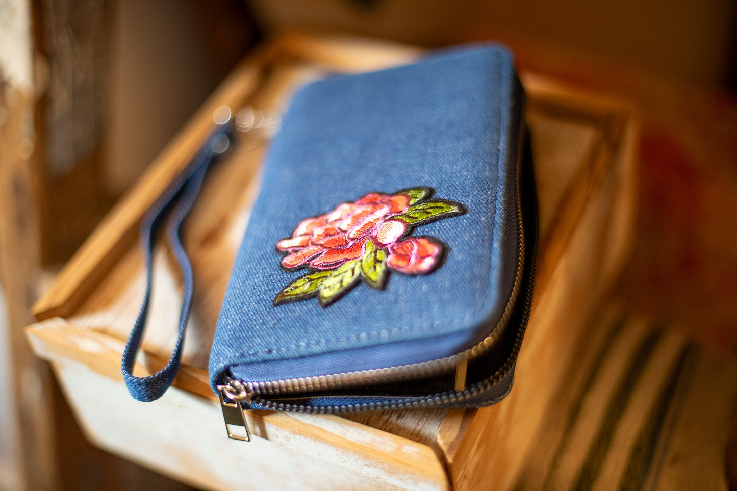 Denim Zipper Wallet with Rose