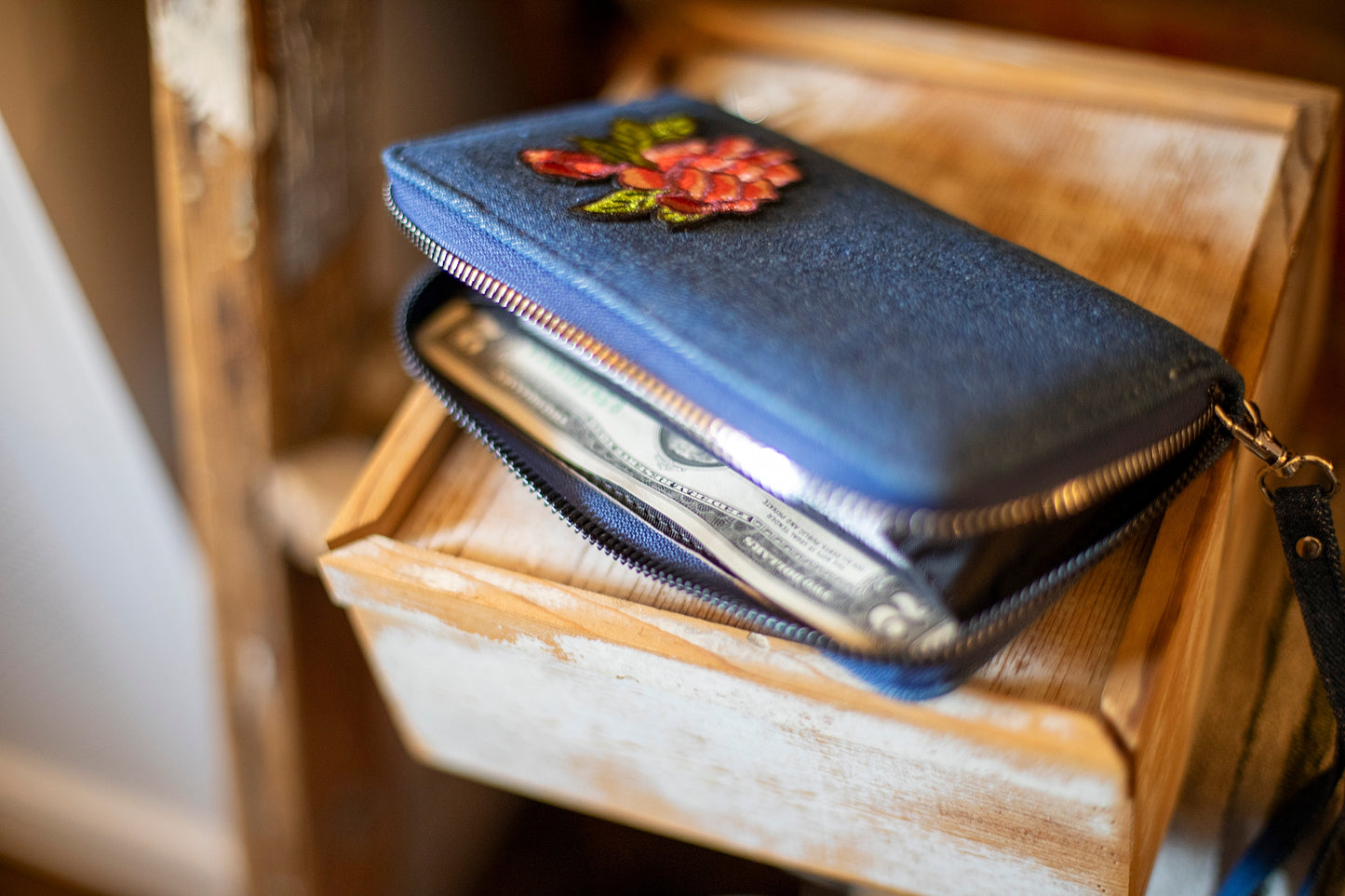 Denim Zipper Wallet with Rose