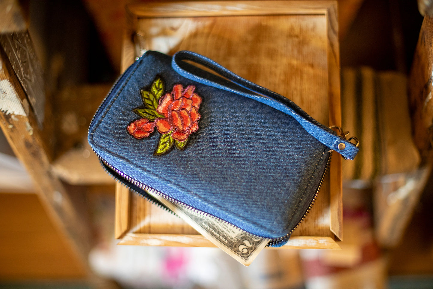 Denim Zipper Wallet with Rose